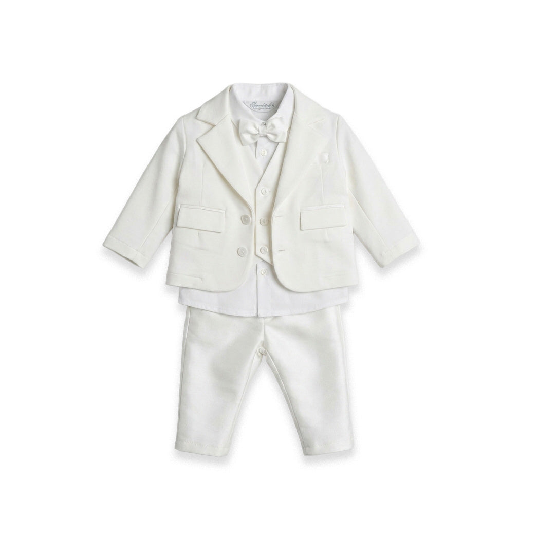 Completo cerimonia bambino bianco latte con giacca, gilet, camicia, pantalone e papillon in caldo cotone sartoriale