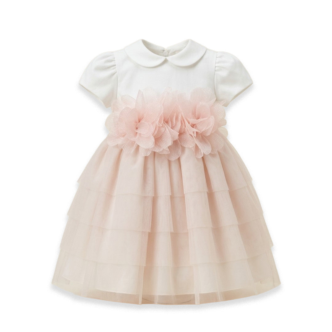 Abito da cerimonia bambina bianco latte e rosa cipria in caldo cotone e tulle con fiori in rilievo
