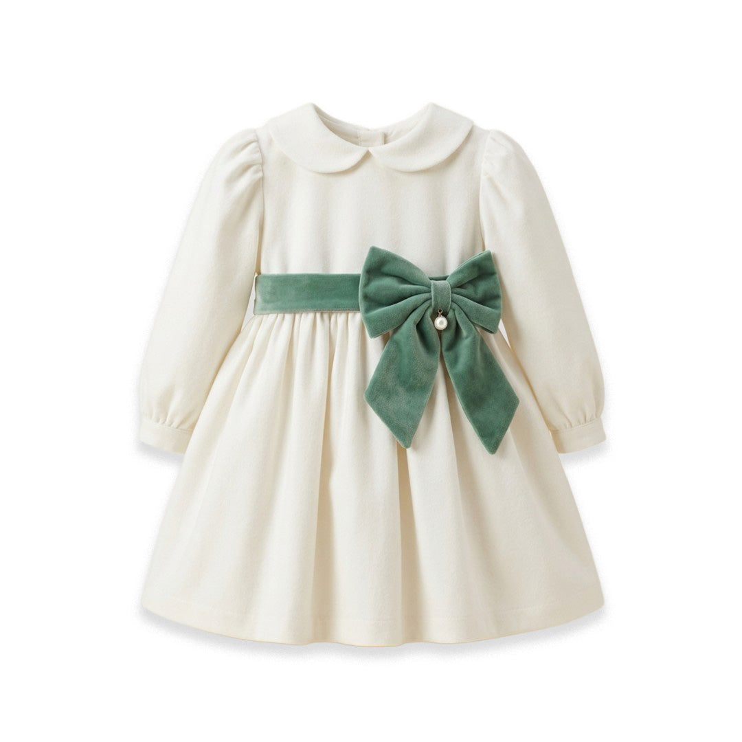 Abito da cerimonia bambina bianco latte in panno di lana con fascia e maxi fiocco in velluto verde bosco
