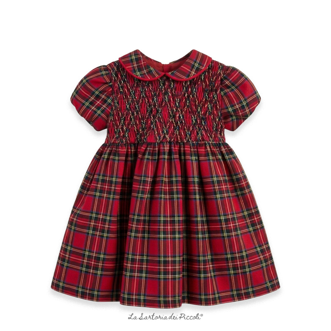 Abito da cerimonia bambina bordeaux e rosso scozzese in tartan con nido d'ape e colletto bebè
