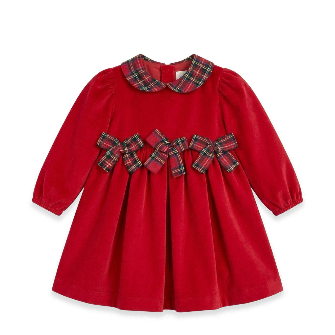 Abito da cerimonia bambina rosso in velluto con colletto e fiocchi tartan