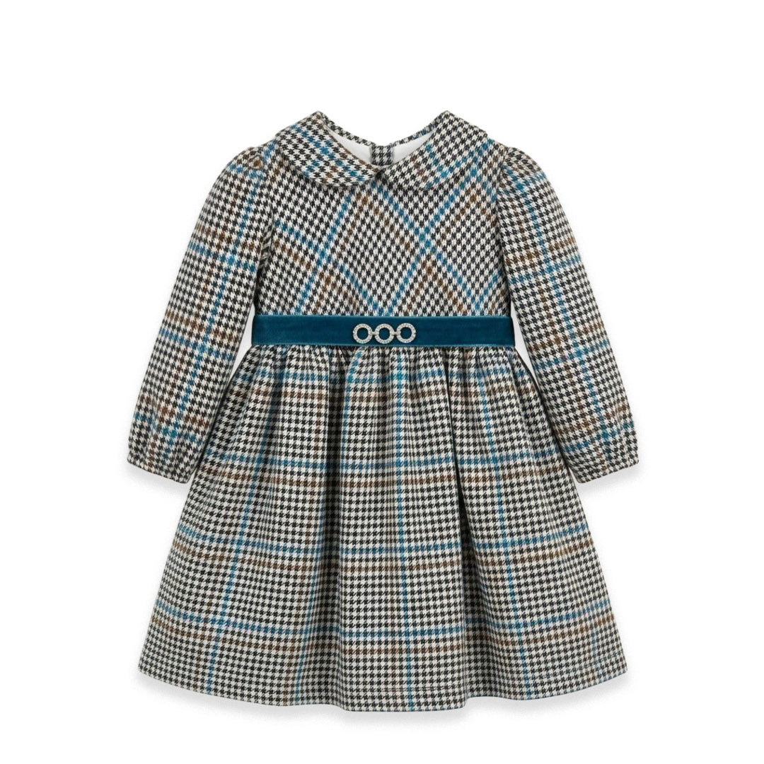 Abito da cerimonia bambina multi-quadri in flanella con cintura in velluto e strass