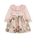 Abito da cerimonia bambina rosa cipria e beige con stampa floreale e collo volant