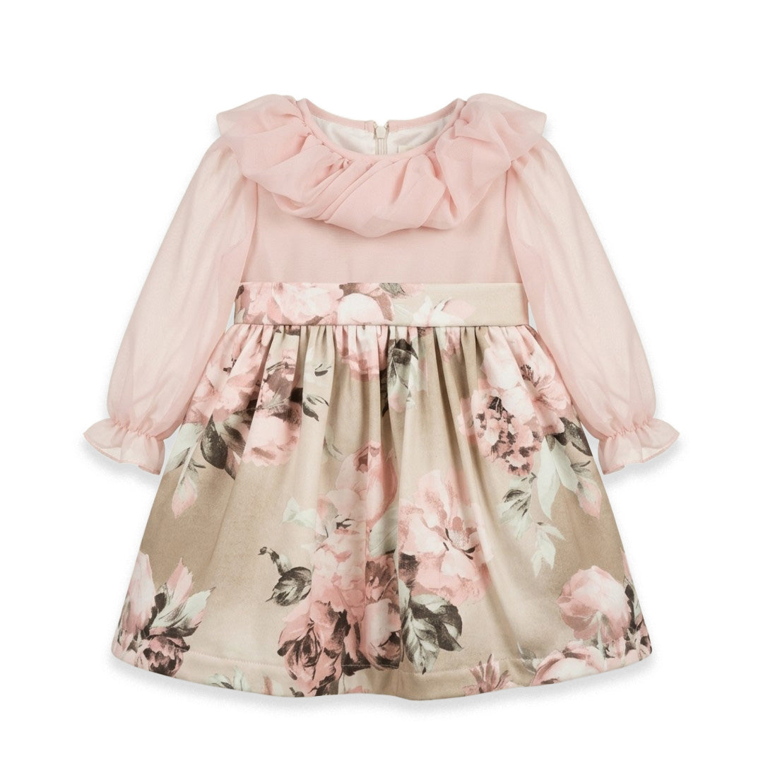 Abito da cerimonia bambina rosa cipria e beige con stampa floreale e collo volant