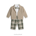 Completo cerimonia bambino cammello e verde bosco in maglia lavorata e flanella a quadri con papillon