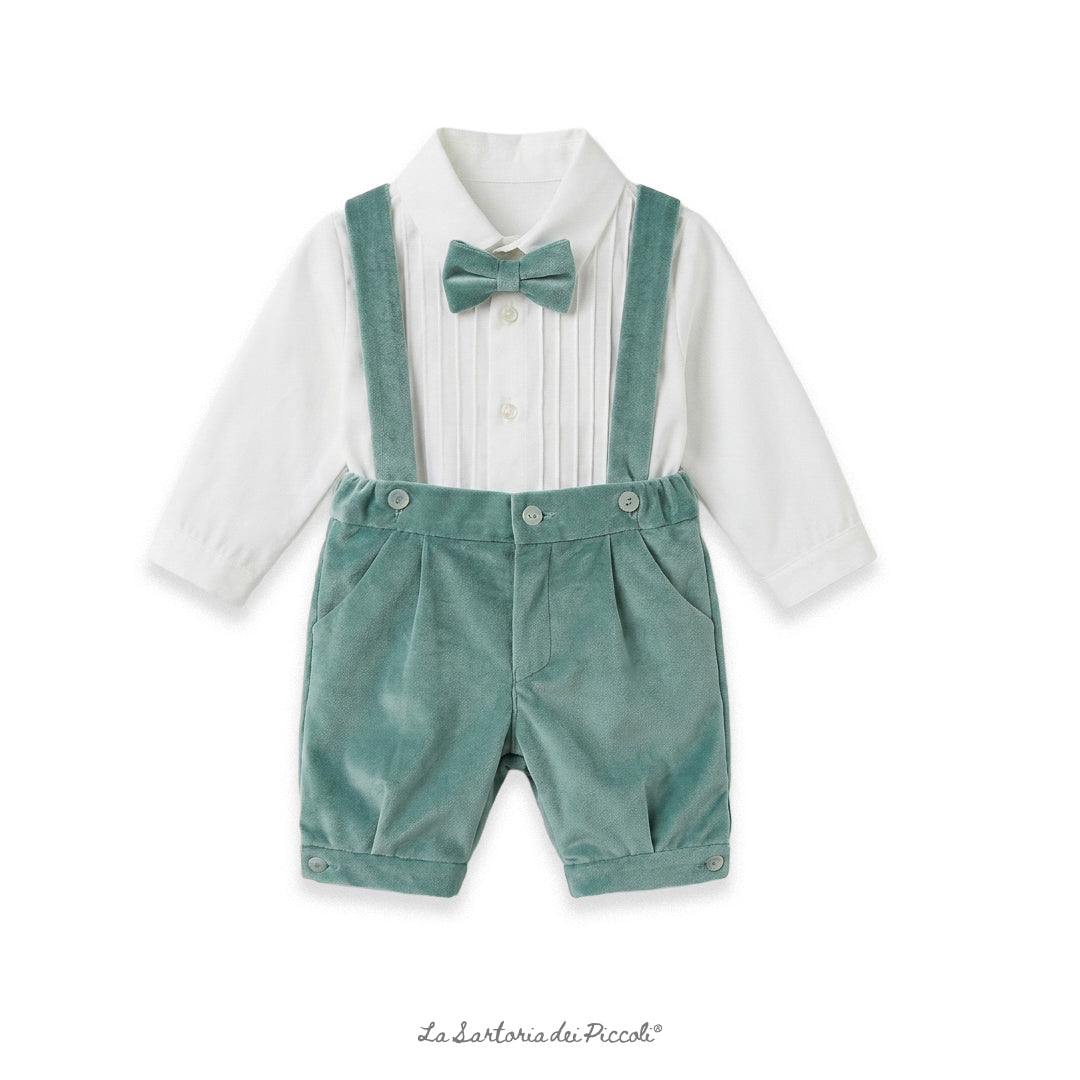 Completo cerimonia bambino verde salvia in velluto e cotone con bretelle e papillon