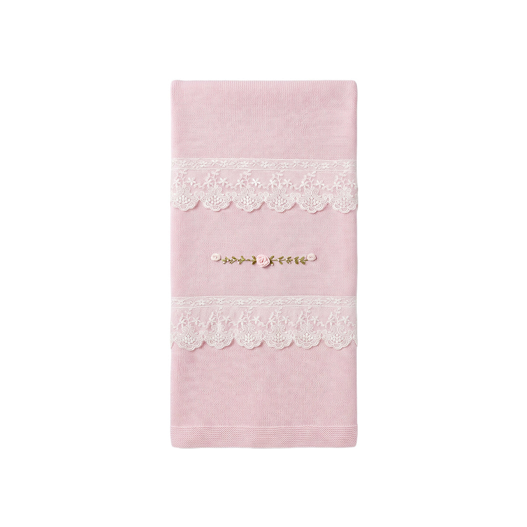 Copertina neonata rosa cipria in calda lana e pizzo con ricamo artigianale