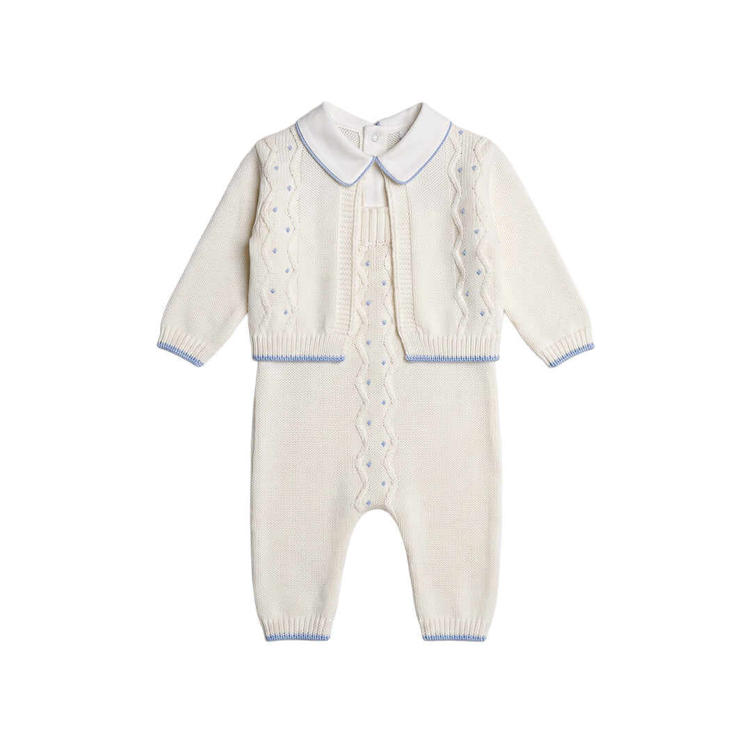 Completo neonato panna in maglia con giacchino e tutina ricamata