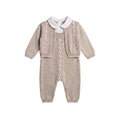 Completo neonata beige in maglia con cardigan e tutina ricamata con nastri rosa