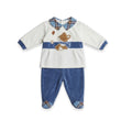 Completo neonato in velluto bianco e blu con ricamo volpe e colletto tartan