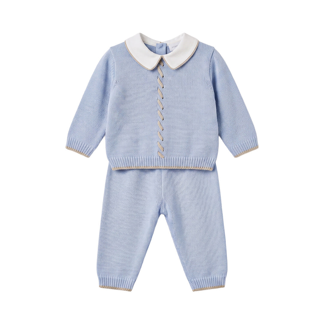 Completo neonato celeste polvere in maglia con colletto bianco e dettagli a contrasto