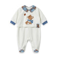 Tutina sartoriale neonato bianco latte in caldo cotone con colletto scozzese e ricamo volpino