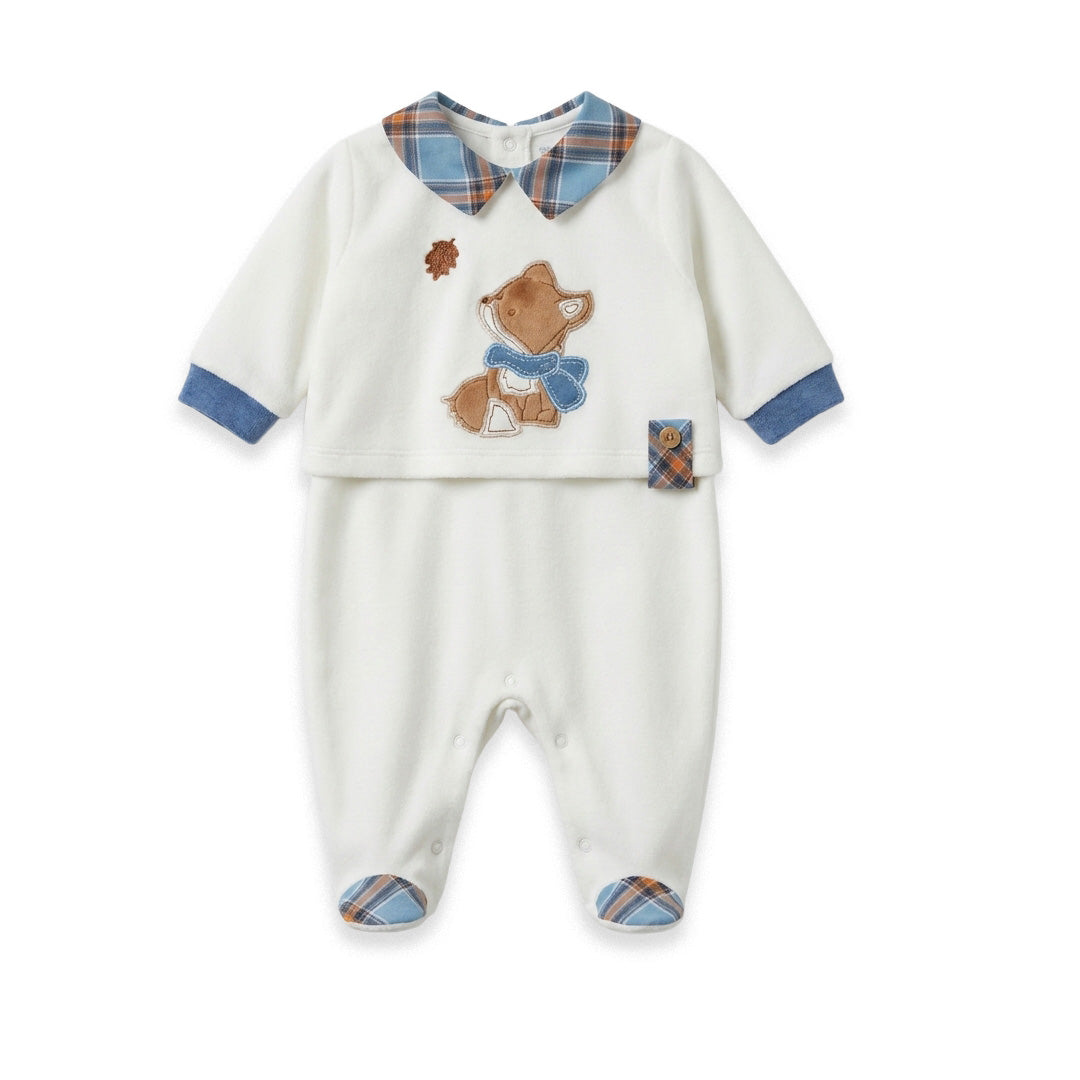 Tutina sartoriale neonato bianco latte in caldo cotone con colletto scozzese e ricamo volpino
