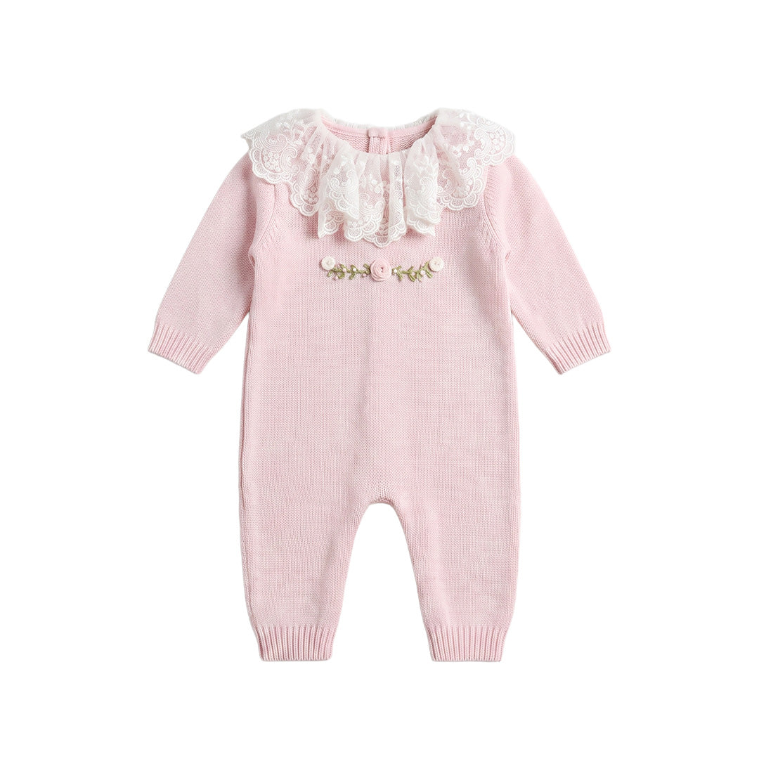 Tutina sartoriale neonata rosa cipria in lana e pizzo con colletto volant e ricamo floreale