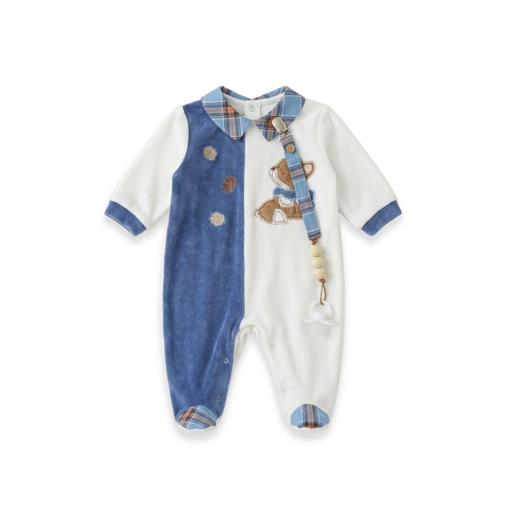 Tutina sartoriale neonato bianco latte e blu in ciniglia con colletto a quadri e ricamo orsetto