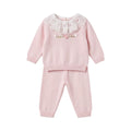 Completo elegante bambina rosa cipria in maglia di lana con colletto in pizzo e ricamo artigianale