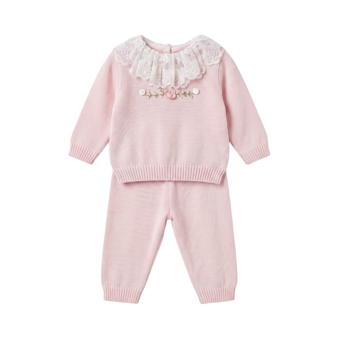 Completo elegante bambina rosa cipria in maglia di lana con colletto in pizzo e ricamo artigianale