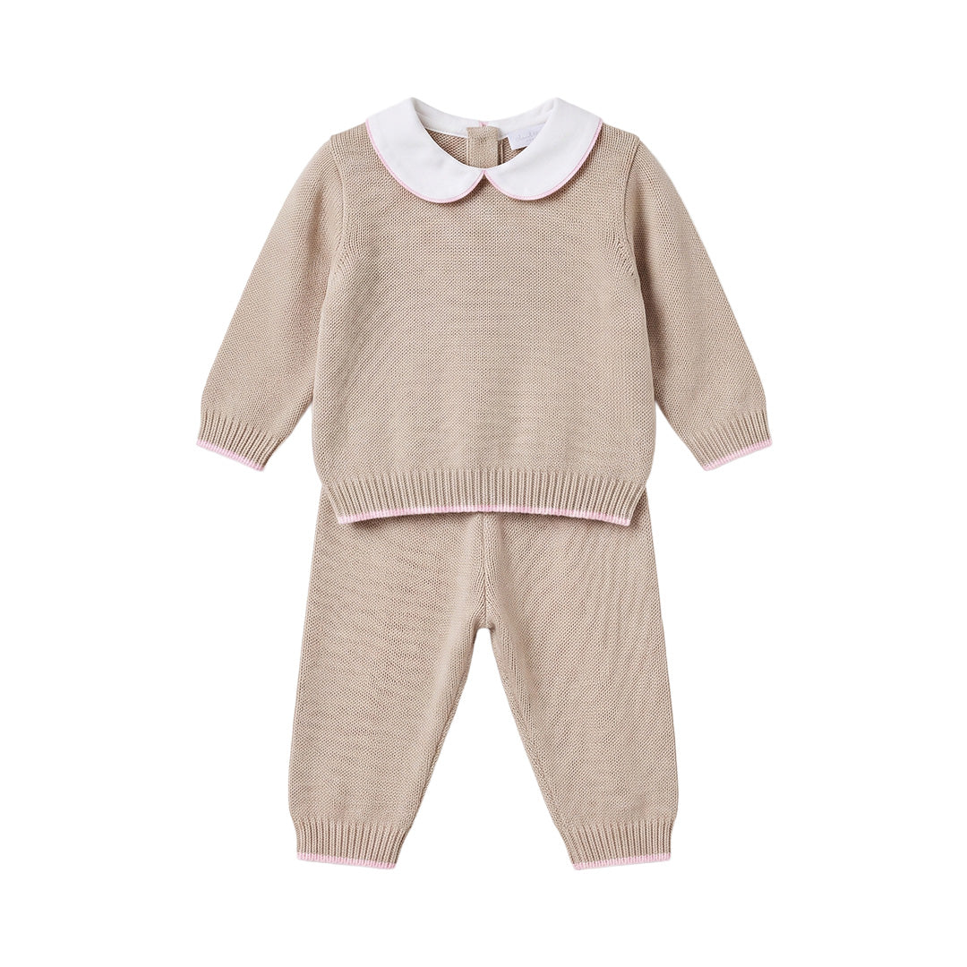 Completo due pezzi bambina color cammello in maglia con colletto bebè a contrasto