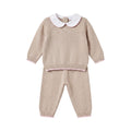 Completo da cerimonia bambina color sabbia in soffice maglia con colletto bebè e profili rosa